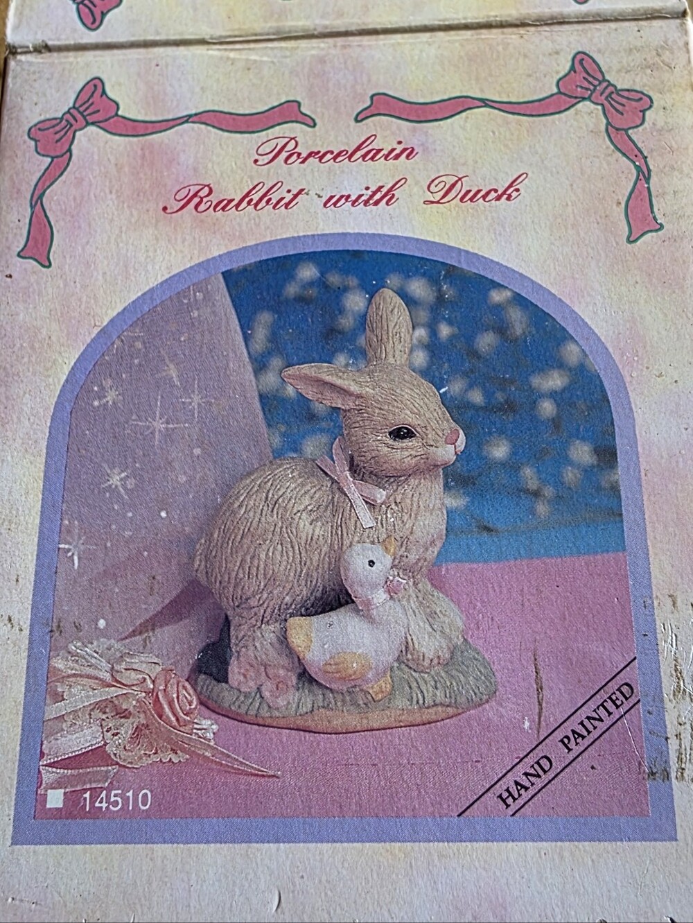 New Vintage Porcelain Rabbit with Duck Figurine - Hand Painted, Pink Accents